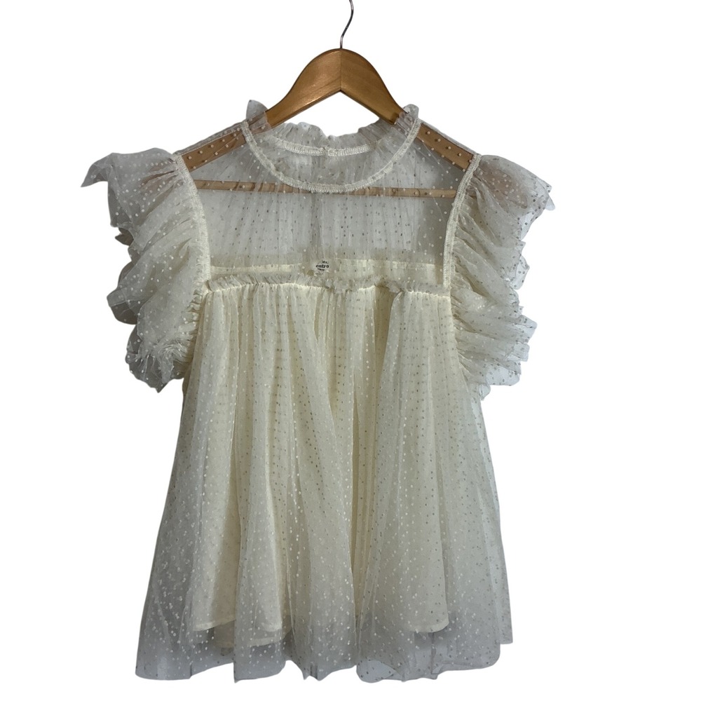 Entro Cream Swiss Dot Ruffle Flutter Sleeve Babydoll Top Large Fairycore Roantic